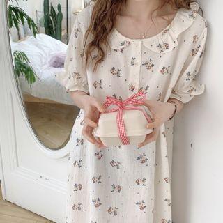 Elbow-sleeve Floral Print Sleep Dress Floral - Purple - One Size