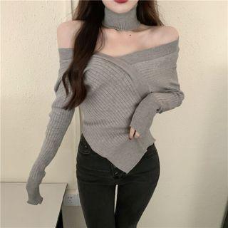 Set: Off-shoulder Sweater + Knit Choker