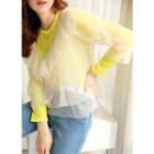 Accordion-pleat Ruffle-trim Mesh Top