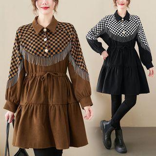 Checkerboard Panel Fringed Midi A-line Dress