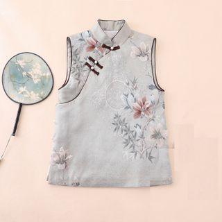 Floral Print Frog Button Padded Vest