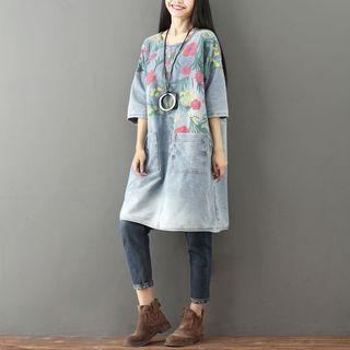 Floral Print Denim 3/4-sleeve Shift Dress