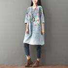 Floral Print Denim 3/4-sleeve Shift Dress