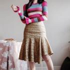 Set: Long-sleeve Striped Knit Top + Midi Mermaid Skirt