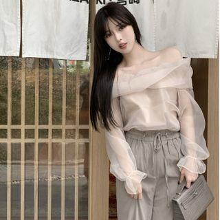 Off-shoulder Plain Sheer Top Beige - One Size