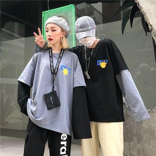 Couple Matching Long-sleeve Mock Two-piece Print T-shirt