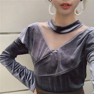 Mesh Panel Velvet Long-sleeve T-shirt