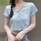 Set: Short-sleeve Heart Embroidered T-shirt + Long-sleeve Mesh T-shirt