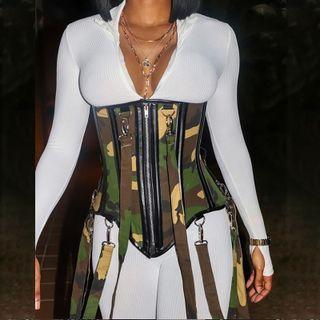 Zip-up Corset Belt / Long-sleeve Skinny Jumpsuit