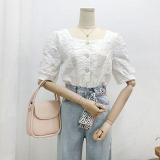 Crinkled Short-sleeve Square-neck Cropped Blouse