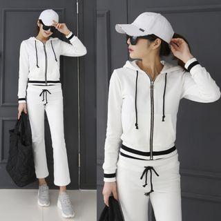 Set: Contrast-trim Zip-up Hoodie + Band-waist Boot-cut Pants