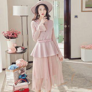 Set: Mesh Panel Long-sleeve Midi Dress + V-neck Knit Vest