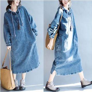 Hooded Long Sleeve Midi Denim Dress
