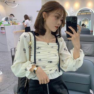 Tie-strap Floral Shirred Blouse 352 - Almond - One Size