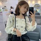Tie-strap Floral Shirred Blouse 352 - Almond - One Size