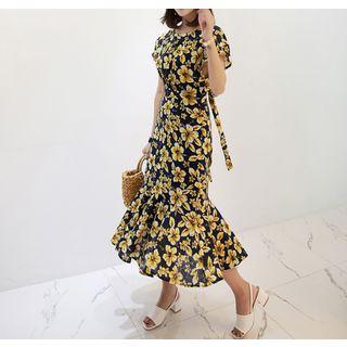 Short-sleeve Ruffle-hem Tie-back Floral Long Dress