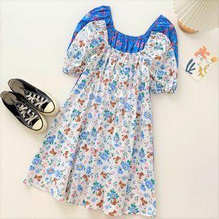Short-sleeve Floral Bear Print Dress