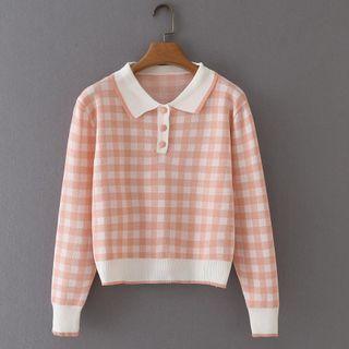 Long-sleeve Polo Lapel Plaid Loose Fit Knit Top