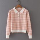 Long-sleeve Polo Lapel Plaid Loose Fit Knit Top