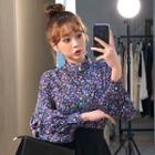 Floral Print Band Collar Blouse Purple - One Size