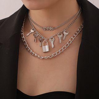 Lock & Key Fringed Layered Alloy Necklace