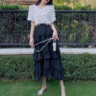 V-neck Short Sleeve Feather Top + Frilled Trim Asymmetric A-line Skirt
