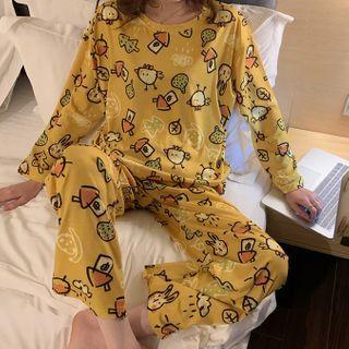 Set: Long-sleeve Cartoon Print T-shirt + Pants T-shirt - Chicken - Yellow - One Size / Pants - Chicken - Yellow - One Size