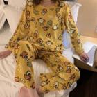 Set: Long-sleeve Cartoon Print T-shirt + Pants T-shirt - Chicken - Yellow - One Size / Pants - Chicken - Yellow - One Size