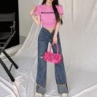 Short-sleeve Lettering Crop Top / Distressed Loose Fit Jeans