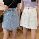 Floral Embroidered Denim Mini A-line Skirt