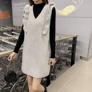 Mock-turtleneck Knit Top / Ruffled Mini Knit Pinafore Dress