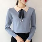 Long-sleeve Contrast Trim Lace Ribbon Knit Top