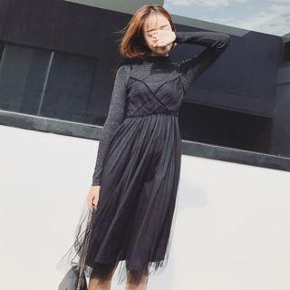 Plain Mock-neck Knit Long-sleeve T-shirt / Lace Mesh Slipdress
