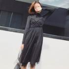 Plain Mock-neck Knit Long-sleeve T-shirt / Lace Mesh Slipdress