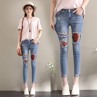 Embroidered Mesh Panel Skinny Jeans