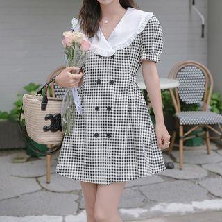 Puff-sleeve Collar Gingham Double-breasted Mini A-line Dress
