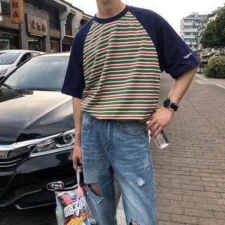 Elbow-sleeve Striped Raglan T-shirt