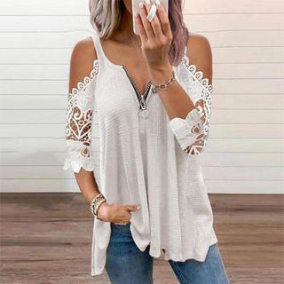 Elbow-sleeve Lace-trim Half-zip T-shirt
