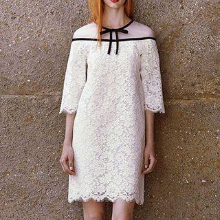3/4 Sleeve Organza Panel Lace Dress