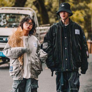 Lettering Patch Zip Bomber Jacket