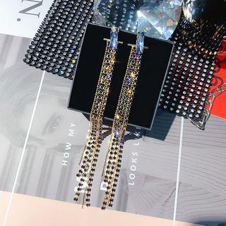 Rhinestone Drop Earring He1126-1 - 1 Pair - Silver Stud - Long - Gold & Black - One Size