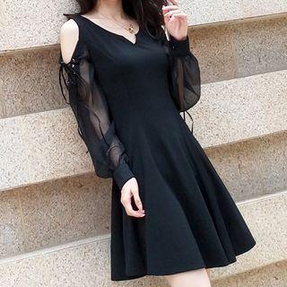 Cutout Shoulder Panel Sleeve A-line Dress