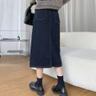 High-waist Washed Denim A-line Midi Skirt