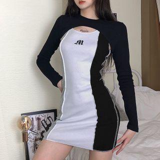 Set: Contrast Color Bodycon Tank Dress + Long-sleeve Cropped T-shirt