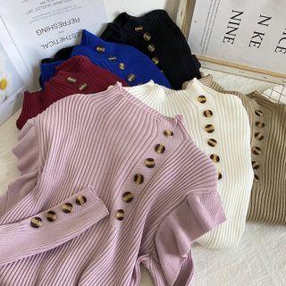 Button-details Ruffle-trim Skinny Knit Top In 6 Colors