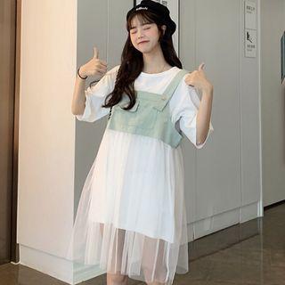 Elbow-sleeve T-shirt / Mesh Panel A-line Pinafore Dress