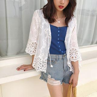 Embroidered 3/4-sleeve Light Jacket White - One Size