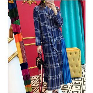 Long-sleeve Plaid Maxi Pleated Dress