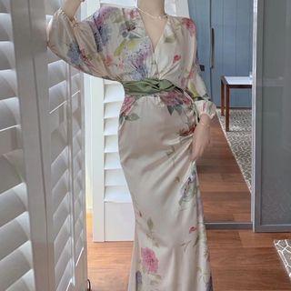 V-neck Floral Maxi Sheath Dress