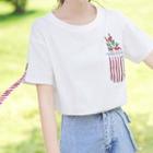 Floral Embroidered Striped Panel Short-sleeve T-shirt